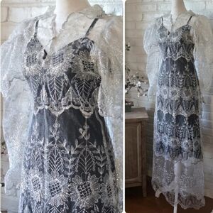 Vtg 1970s Lace Slip Dress & Overlay, Metallic Thread, Party/Formal XS/2